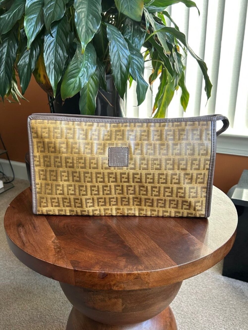 FENDI Zucchino FF Monogram Long Pouch Bag Vintage Taupe Camel Tan
